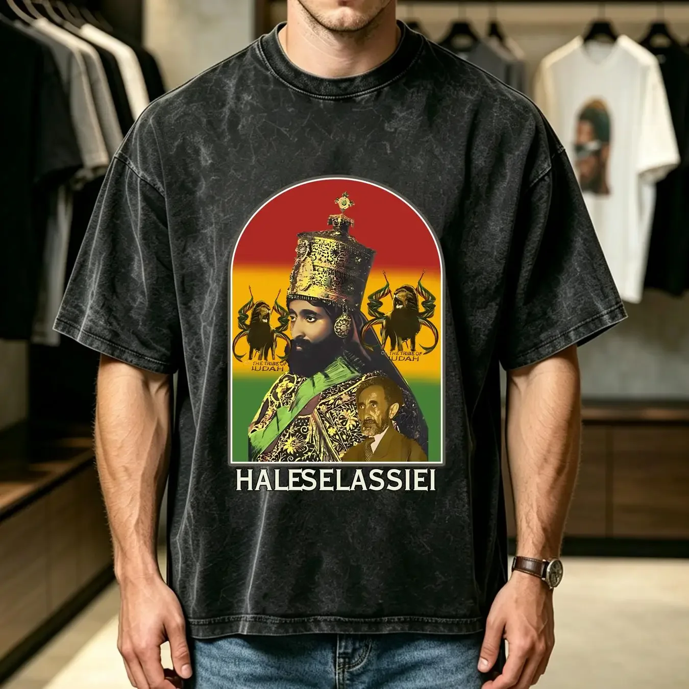 washed T Shirt Vintage Haile Selassie I Ethiopian Emperor 2004 Judah Yellow Size 2XL vintage Washed Stretched homme Breathable