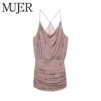 MUJER-minivestido de tul con lentejuelas para mujer, vestidos cortos fruncidos, vestido de fiesta de lujo para mujer, vestido Sexy con espalda descubierta para mujer