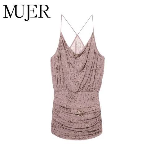 MUJER-minivestido de tul con lentejuelas para mujer, vestidos cortos fruncidos, vestido de fiesta de lujo para mujer, vestido Sexy con espalda descubierta para mujer