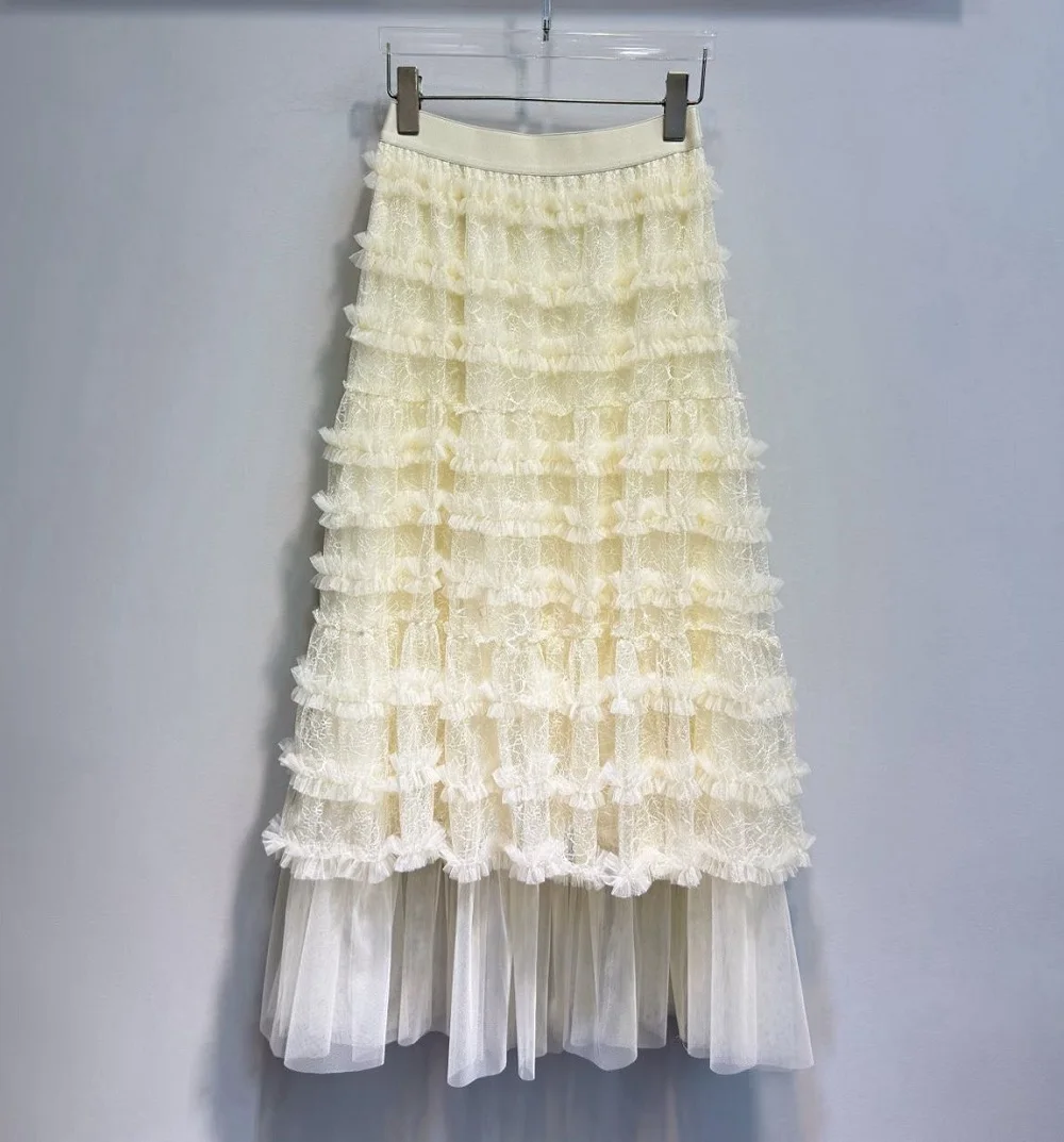 High Quality New Lace Long Skirt 2026 Spring Summer Fashion Women Elastic Waist Sexy Tulle Mesh Patchwork Apricot Black Skirts