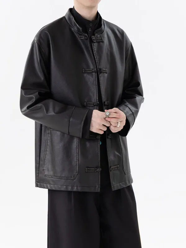 

Retro Sle Loose Fit Jaet for Men And Women Autumn Winter PU Leather Coat with Button Detailing Warm And Versatile Outerwear