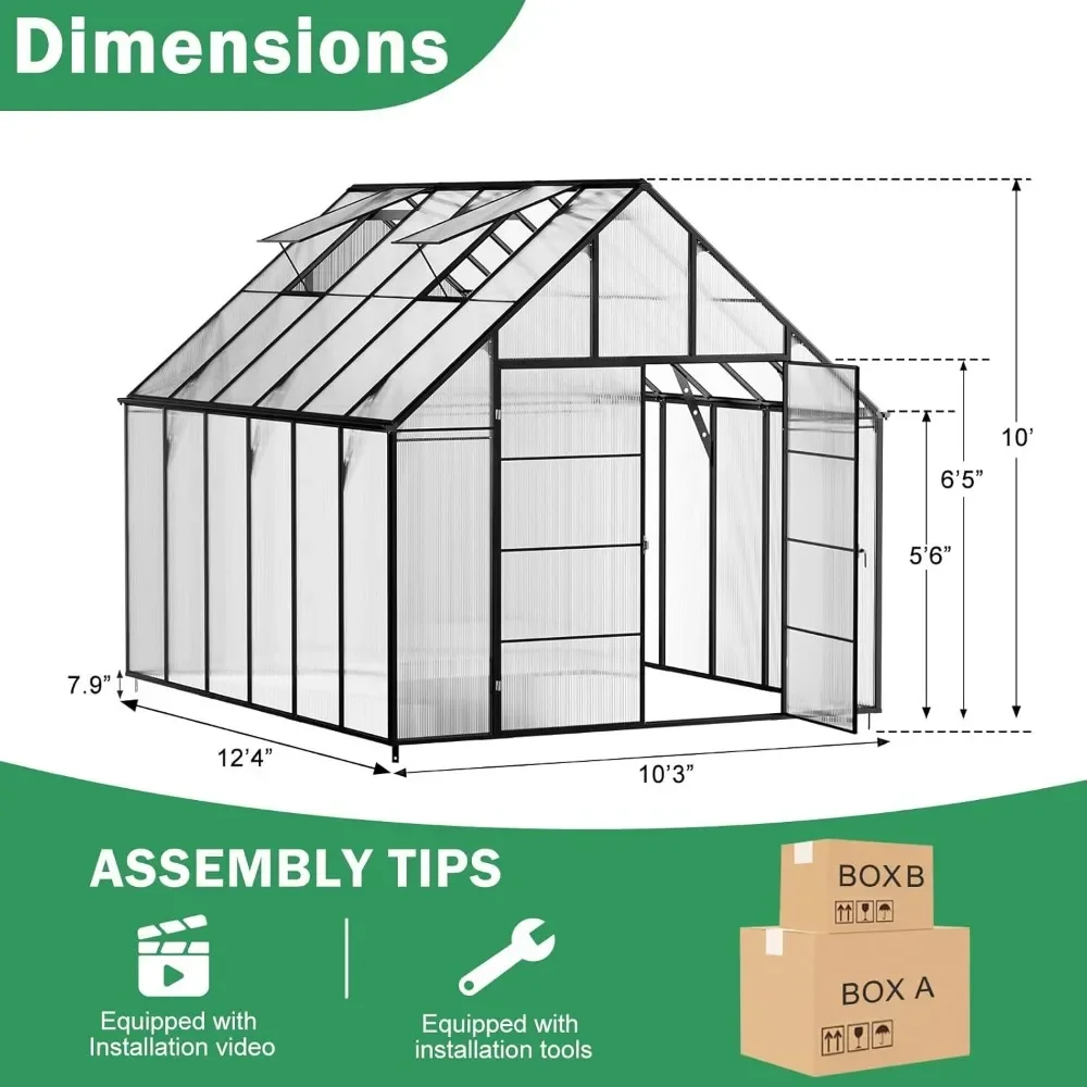 10x10x12 FT Greenhouse with Polycarbonate Panels, Swing Door, Hinged Roof Vent and Rain Gutters, Outdoor Aluminum Greenhouse