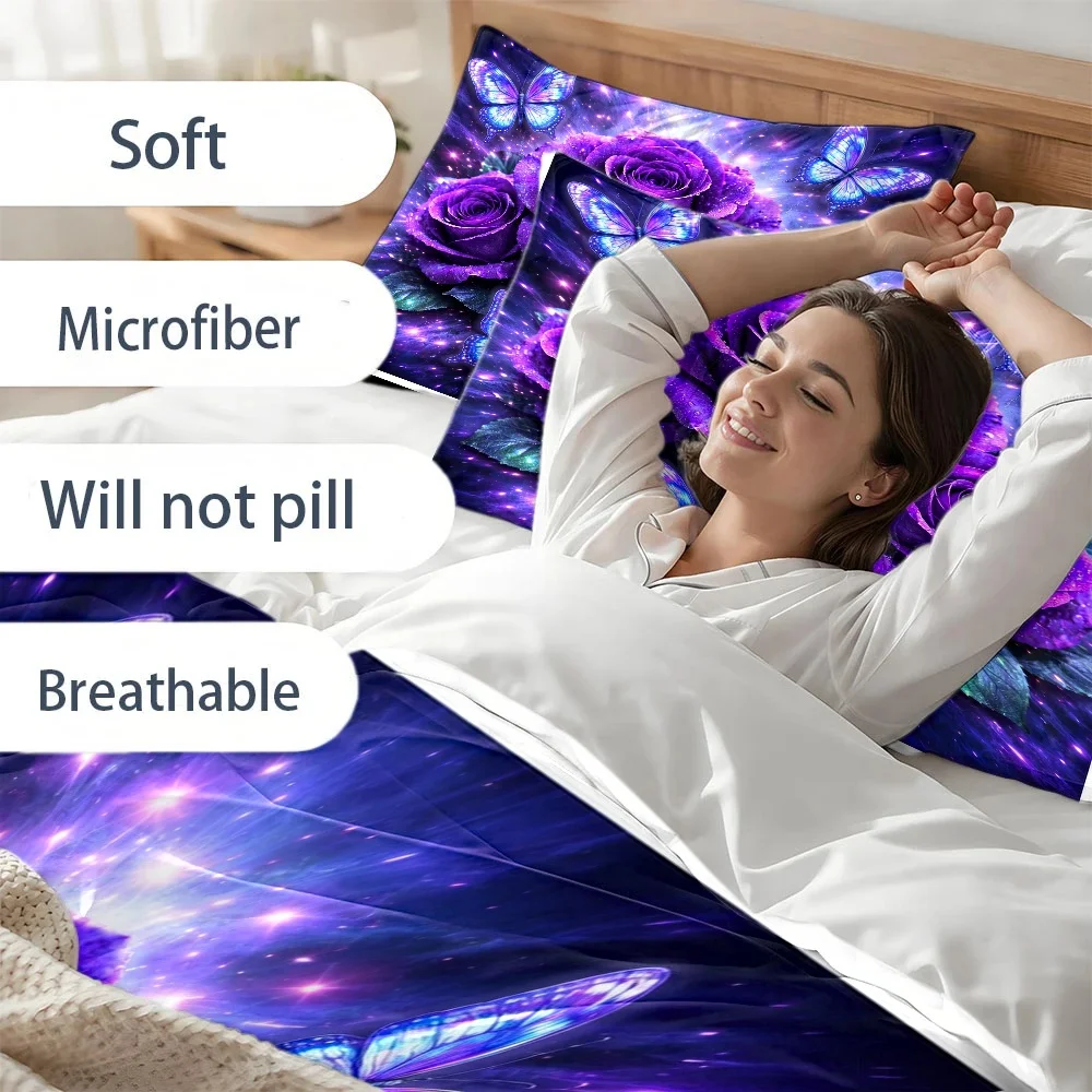 3Pc Dreamy Purple Rose Blue Butterfly Duvet Cover Set, Three-Piece Bedding Set (1*Duvet Cover + 2*Pillowcases), Suitable for All Seasons, Machine Washable, Invisible Zipper Design, Large Double Bed Cover Set, Suitable for Home, Dormitory, Master Bedroom, Guest Room, Starry Sky Floral Butterfly Bedding, Soft and Skin-Friendly Bedroom Decor Set, Hot-Selling Plant and Butterfly Print Bedding 2D Flat Print