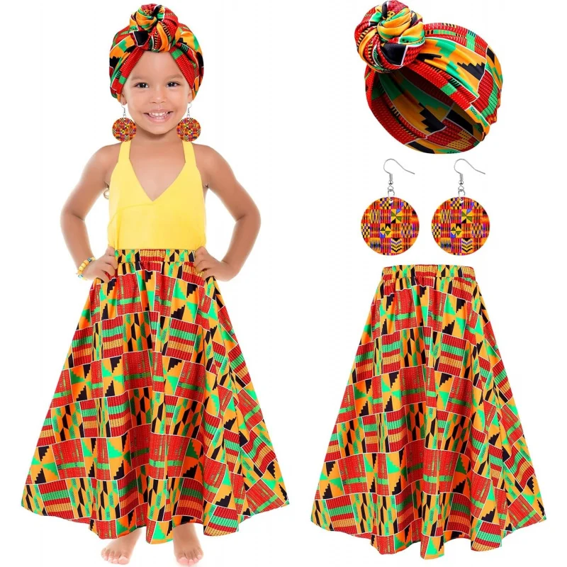 3 Pcs Girl African Outfits Dashiki Ankara African Attire Maxi Dashiki Skirt Toddler Kid Boho Head Wrap Dangle Earring