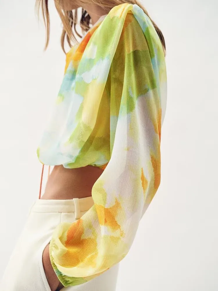 New Summer 2026 Women's Long Sleeve round Neck Printed Short Shirt Beaded Decorated Versatile Fashionable Chinese Style Top