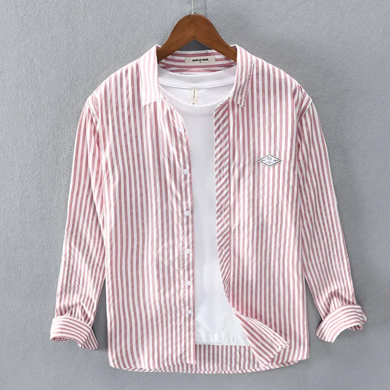 Japanese Vintage Striped Shirt for Man Daily Casual Shirts Lapel Long Sleeve Mens Tops Slim Fit Shirt Spring Fall Mens Clothing