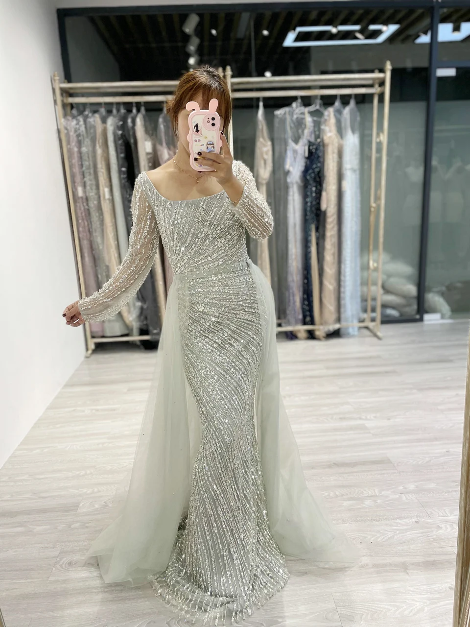 MYMB Mermaid Fitted Long Sleeve Crystal Beading Wedding Party Dress Luxury Overskirt Plus Size Evening Gown MY30026