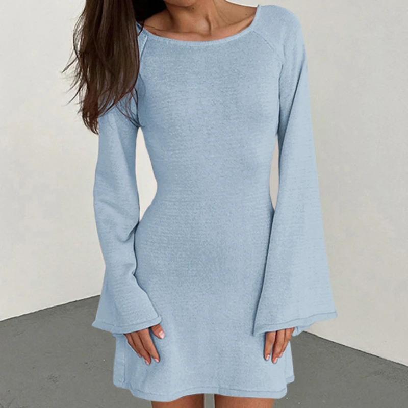 Nouveau sexy dos nu col rond cache-up couleur unie tricot maillots de bain élégant corne manches plage costume femme vacances robe portefeuille