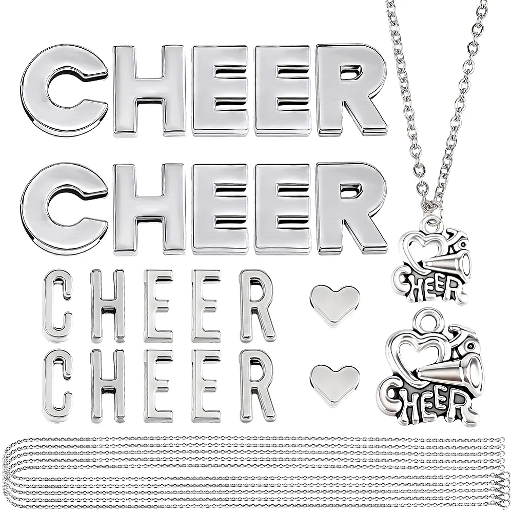 24 Set Cheerleader Necklace Cheerleader Gifts Kits Metal Cheer Letters and Cheer Pendants with Heart Spacer Beads for Women