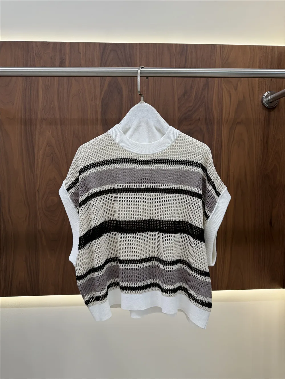 Ladies Summer Loose Striped Short-Sleeve Drop-Shoulder Knit Top Comfortable Breathable