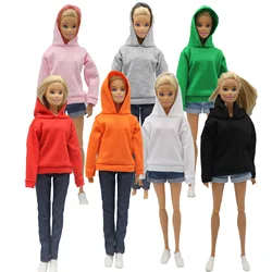 29cm Doll Clothes Sweatshirt short For Barbie Outfits 1/6 Dolls Accessories Solid Color Loose Hooded Sweater Denim Shorts Set