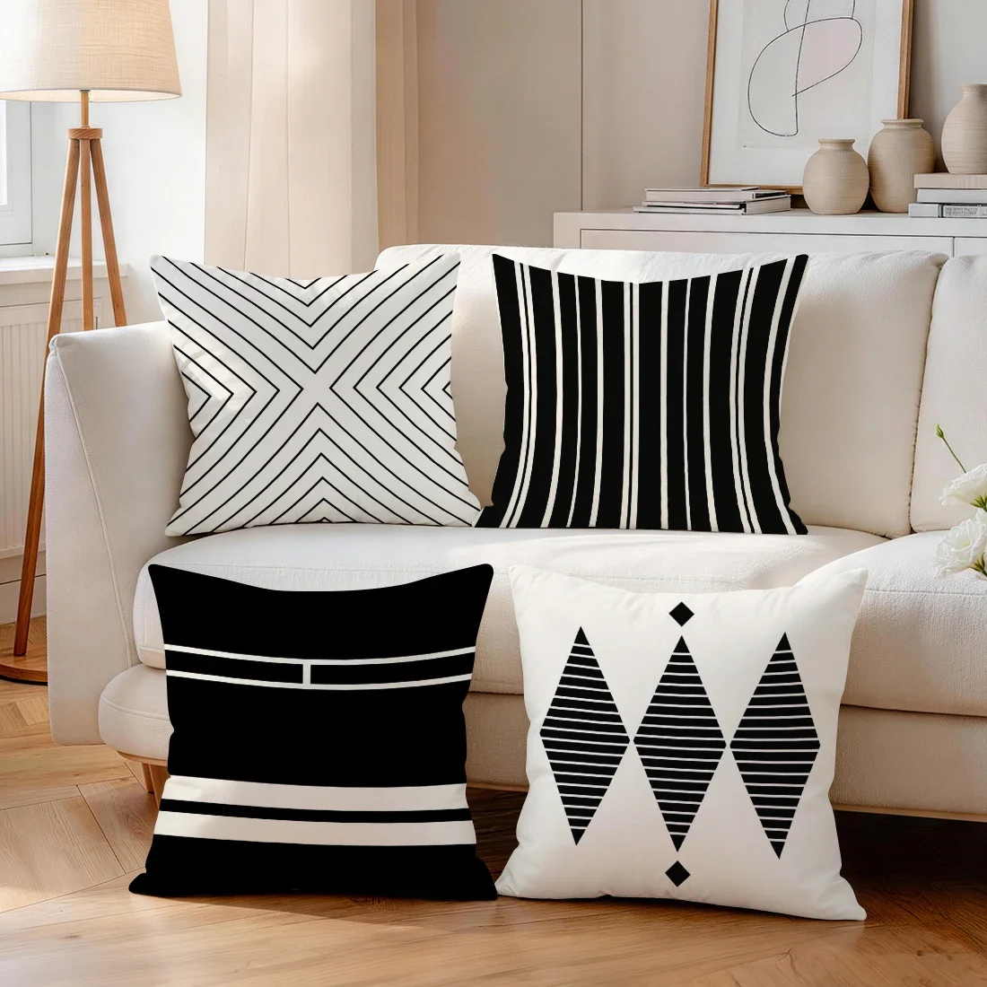 1/4pcs Black--White Geometric Lines Cushions Pillowcase Polyester Cushion Cover Throw Pillow Pillowcover Home Car Sofa Decor