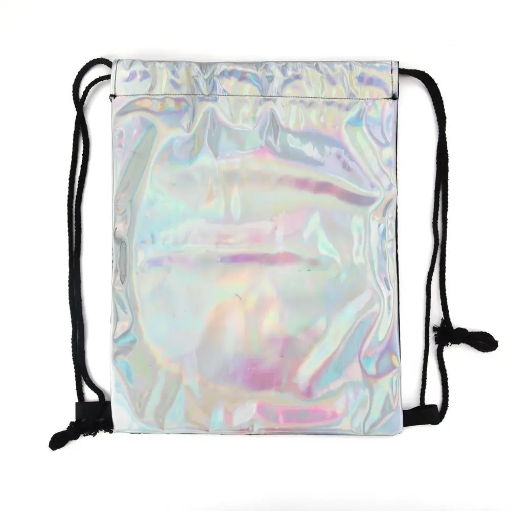 Mochila láser con cordón para mujer, bolso reflectante brillante, bolsillo con cordón