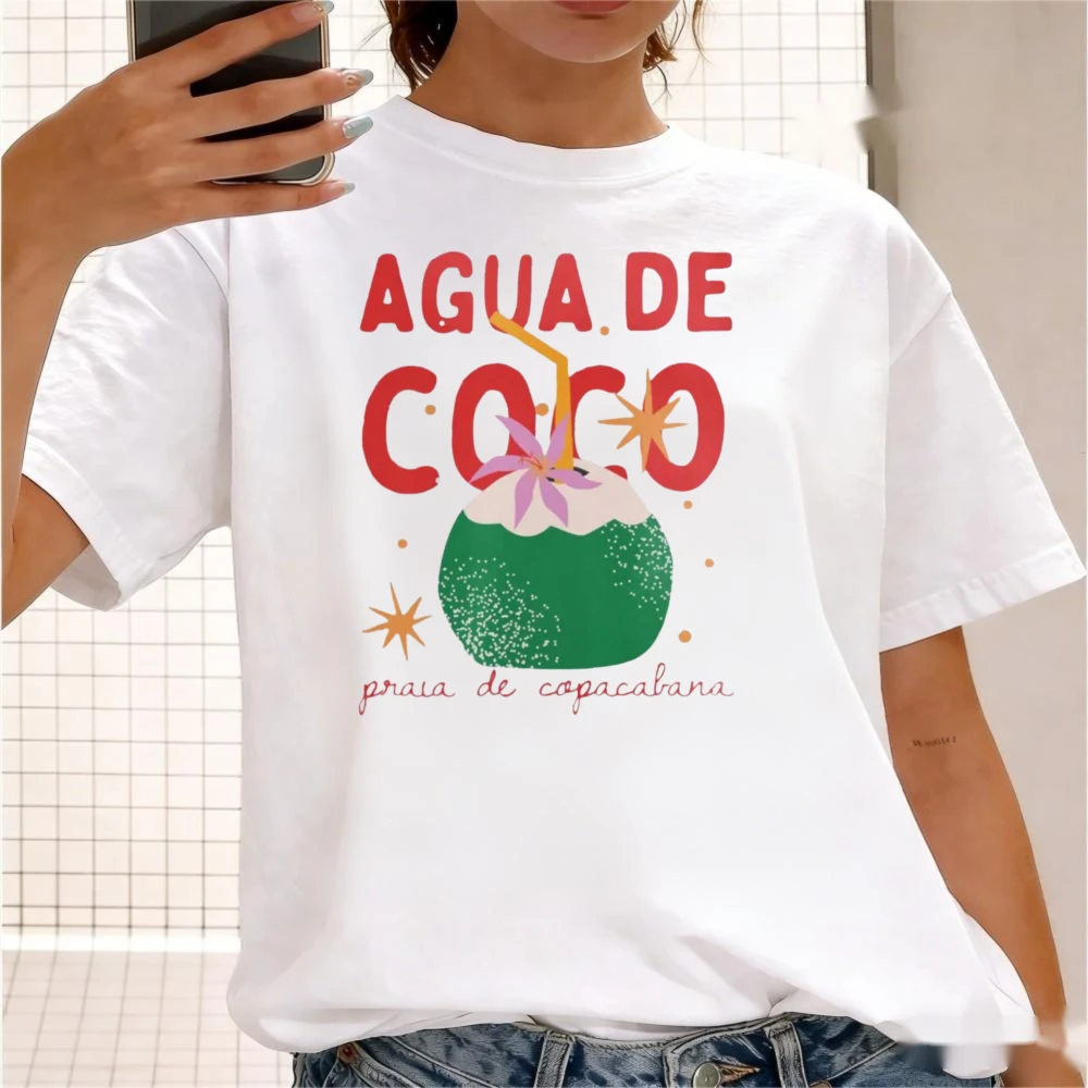 Camiseta gráfica Agua De Coco Copacabana, estilo retro de Río de Janeiro, diseño divertido de coco, ropa de verano, top informal de algodón a la moda para mujer