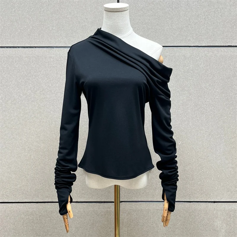 Women's T-shirt New asymmetrical slim fit women's long sleeved top for autumn 2026 Sexy off shoulder women's corset y2k pullover