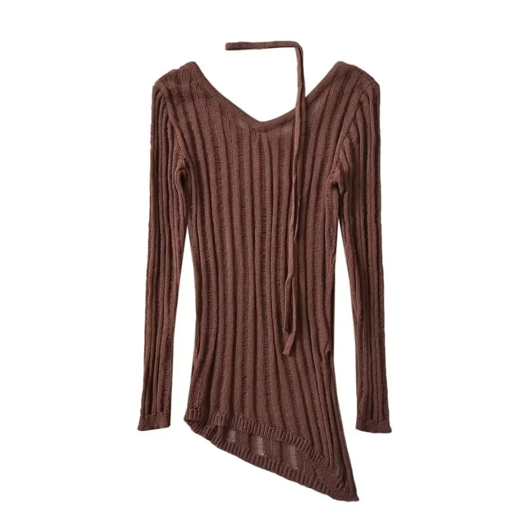 

Women's V-Neck Ripped Sweater Irregular Hem Halter Top European American Style Autumn New Fashion Girl's Knitwear