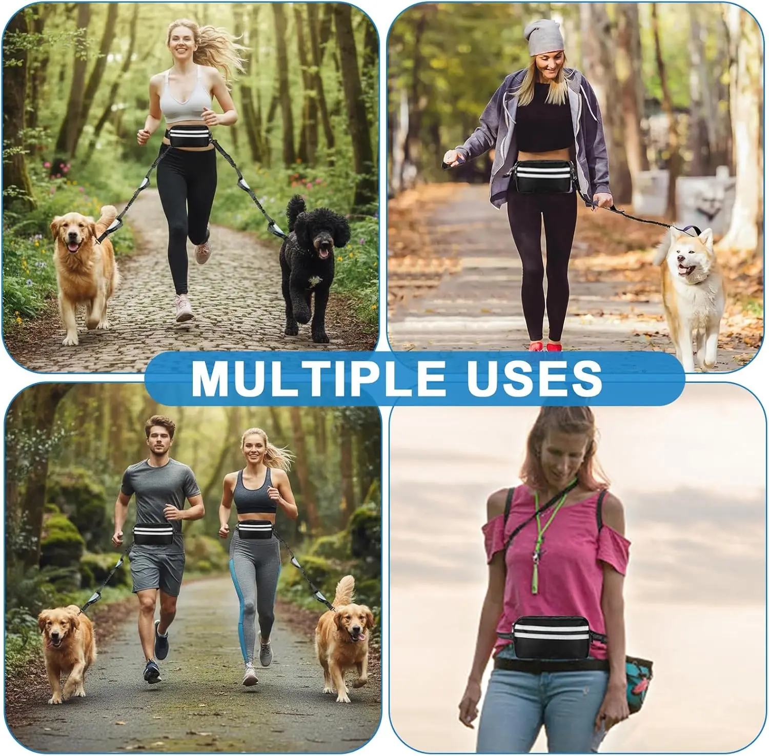 Hands Free Dual Dog Leash with Pouch for Medium & Large Dogs - Crossbody & Waist Leash for Dog Walking - No Pull, Tangle Free