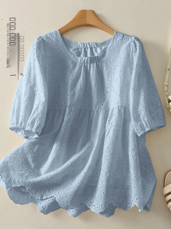 

Artistic Linen Hollow Embroidery Overhead irt Women Sweet Lace ort Sve Top Fre Sle Casual Summer Faion