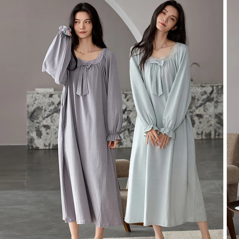 

2025 New Autumn Long Sleeve 100% Cotton Nightgowns for Women Korean Cute Bow Sleepwear Night Dress Nightdress Ladies Home Nighty