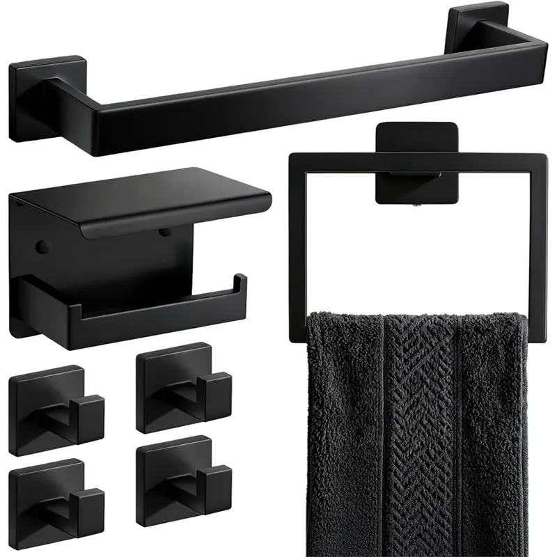 

ABBO-For Bathroom Accessories Hardware 7-Piece Matte Black Set, 4 Towel Hooks For Bathroom For Kitchen, Hotel