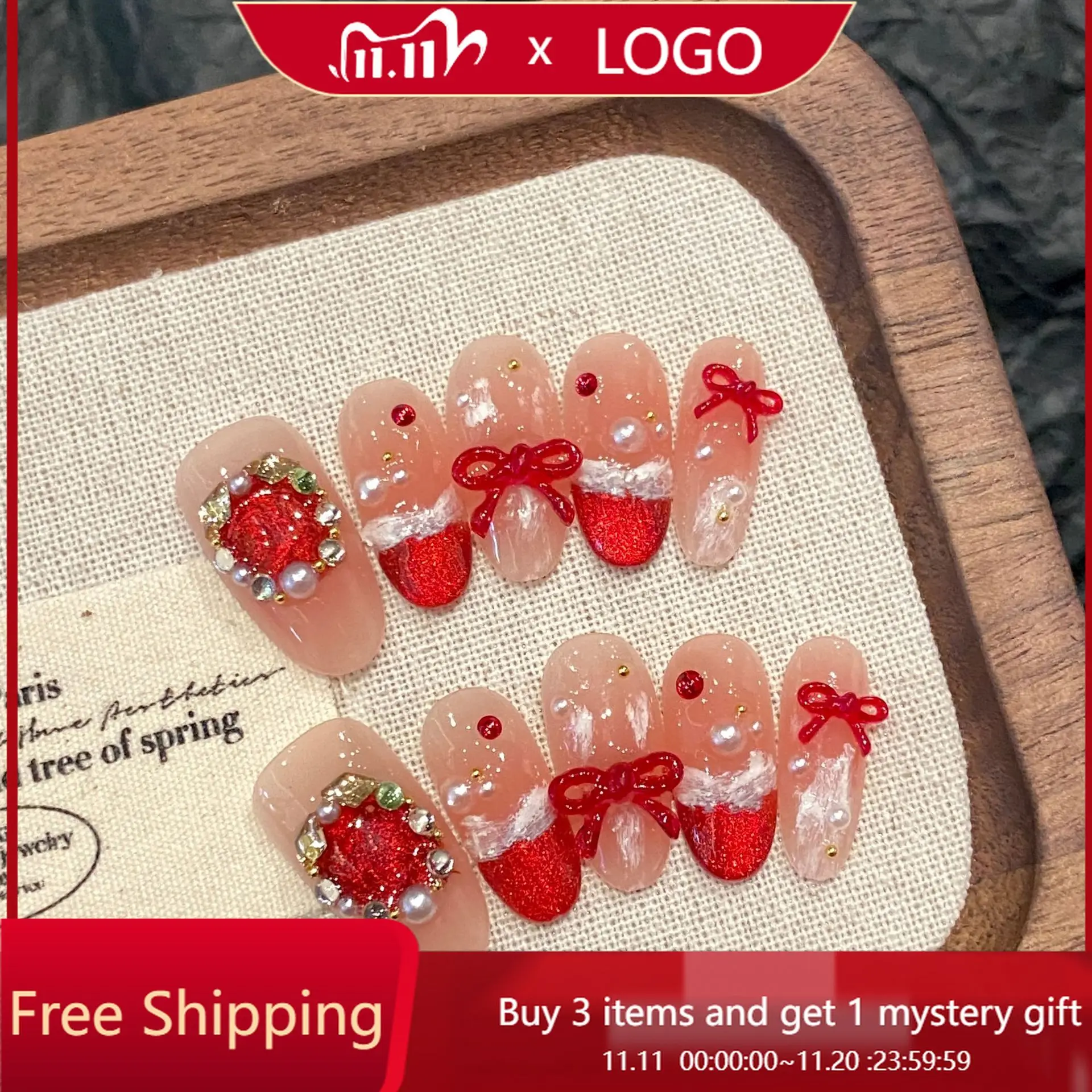 

10pcs Set of Reusable Handmade Full-Coverage Almond-Shaped Red Heart Bow Nail Stickers for Women 3D Butterfly Design Fake Nails