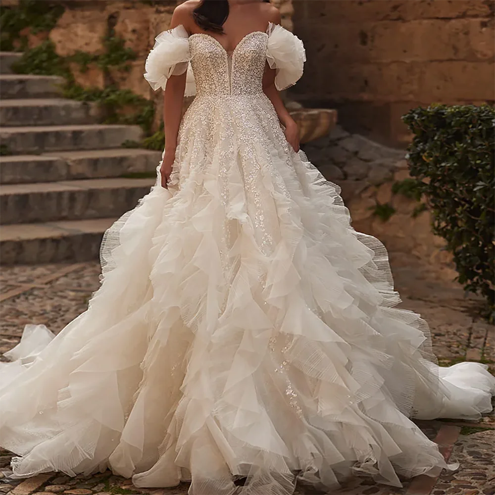 

Элегантные свадебные платья трапециевидной формы с открытыми плечами и без рукавов из многоуровневого тюля с бисером, свадебные платья по индивидуальному заказу