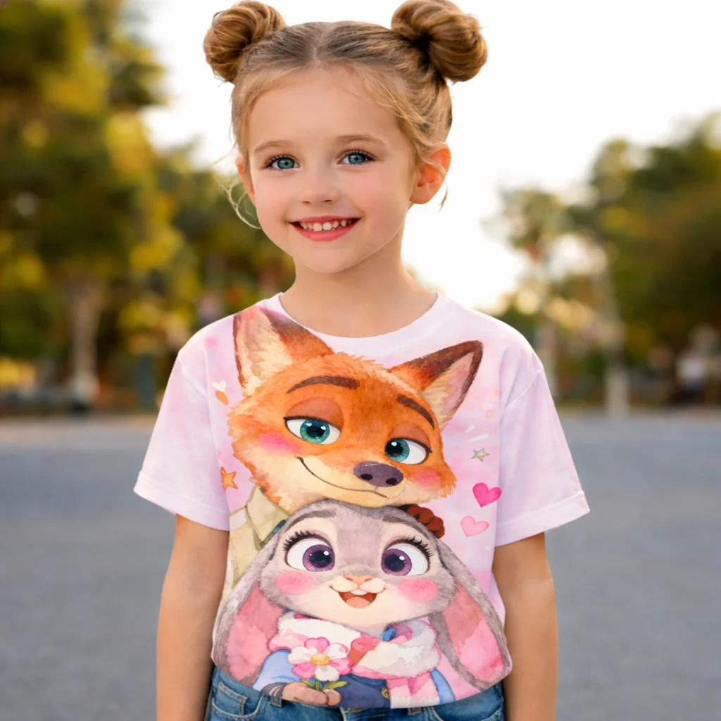 

Детская футболка Zootopia 2 с 3D-персонажами мультфильмов, забавный и удобный вариант для мальчиков и девочек, идеально подходит для повседневной носки.