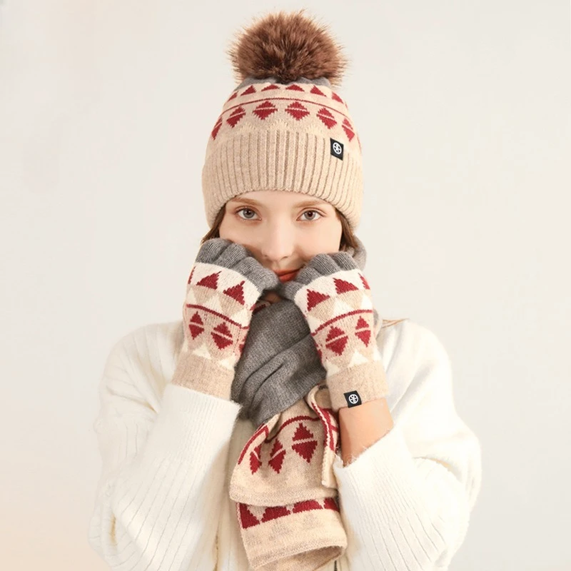 

Knitted Gloves Scarf Hat Three-Piece Set Men Women Autumn Winter 30%Wool Blend Windproof Beanie Fashion Trend Warm Muffler Sets
