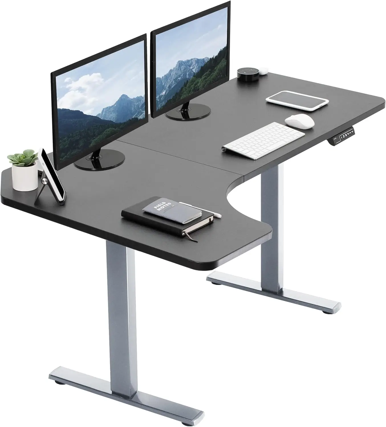 

58 x 35 "L-shaped standing desk workstation with memory controller height adjustment, reversible black top, grey frame