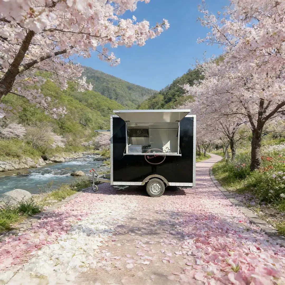 

Lightweight Fiberglass Food Concession Trailer Mobile Kitchen Cart with Awning Fully Equipped for Outdoor Catering