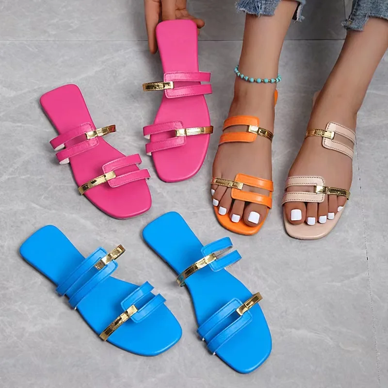 Summer New Ladies Plus Size Women\'s Sandals Shoes And Bag Set Candy Color Flat Fashion Casual Beach Slippers Matching Purse