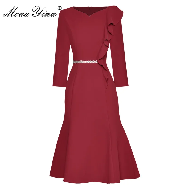 

MoaaYina Fashion Designer dress Spring Autumn Women's Dress Long sleeve Beading Ruffles Slim Red Vintage Mermaid Dresses