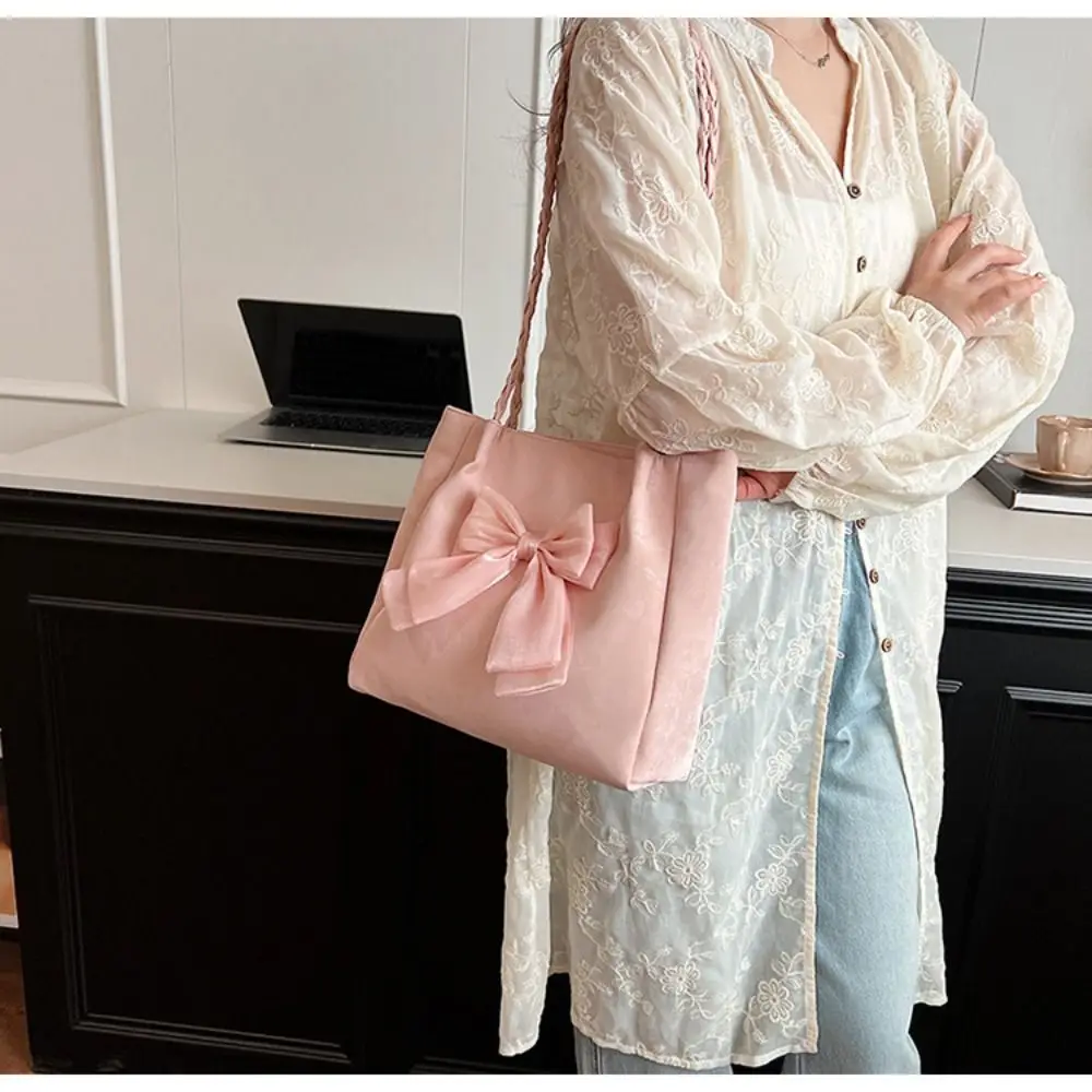 Cute Bowknot Shoulder Bag Ballet Style Braid Strap Hand Bag Solid Color Underarm Bag