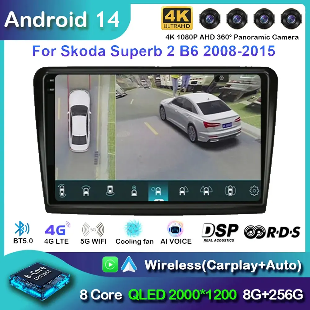 Android 14 For Skoda Superb 2 B6 2008 2009 2010 2011 - 2015 Car Radio Navigation Multimedia Player GPS WiFi+4G Video Carplay BT