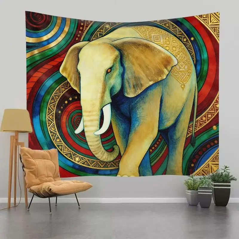 VIKAMA Dark Starry Cosmic Elephant Tapestry - Rainbow Mandala Ornate Multi Planet Wall Decor