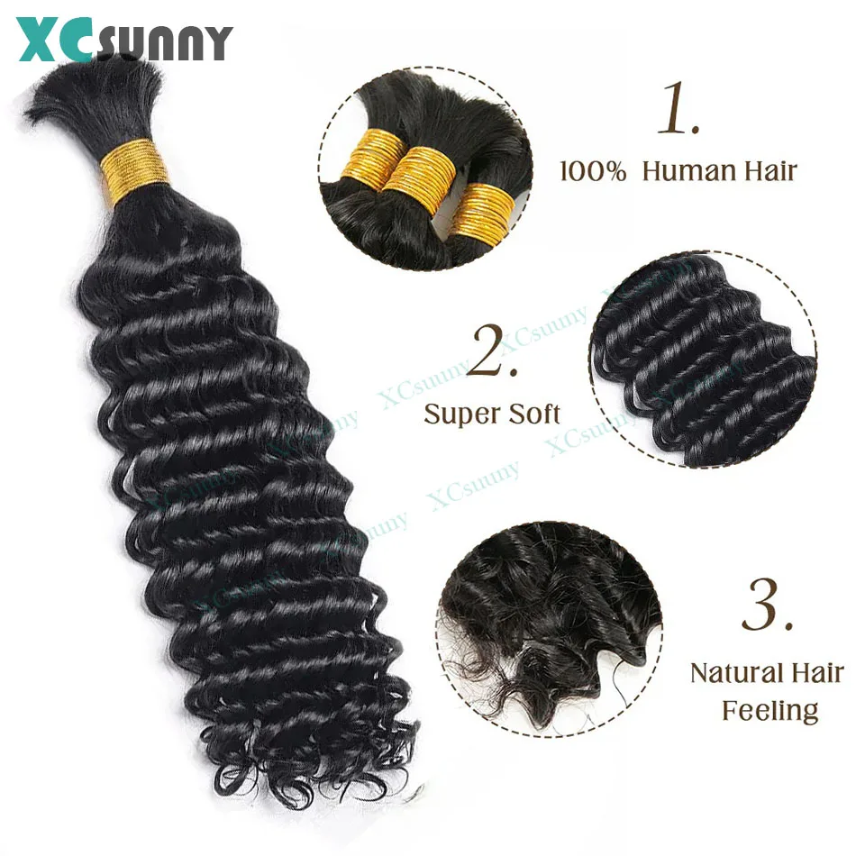 Cabelo humano em massa para trança, onda profunda, duplo desenhado, encaracolado, Boho, tranças sem nós, tranças de trança, sem trama