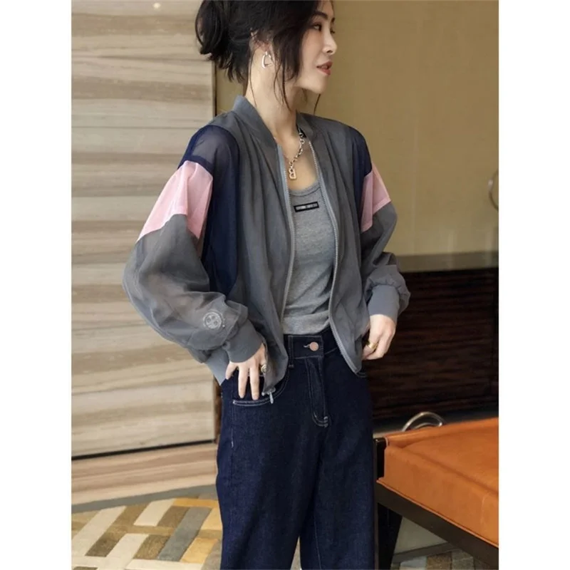 2024 Summer Double-layer Mesh Sunscreen Clothing Women Thin Loose Breathable Outdoor Fashion Baseball Jacket Coat European Goods