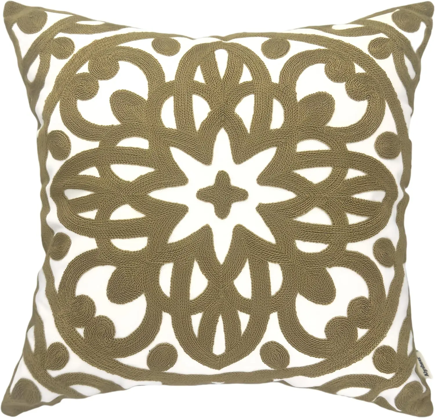 

Embroidered Decorative Throw Pillow Cover 18X18 H, Cozy Warm Boho Mandala Knit Pattern, Soft 100% Cotton Canvas, Light Tan