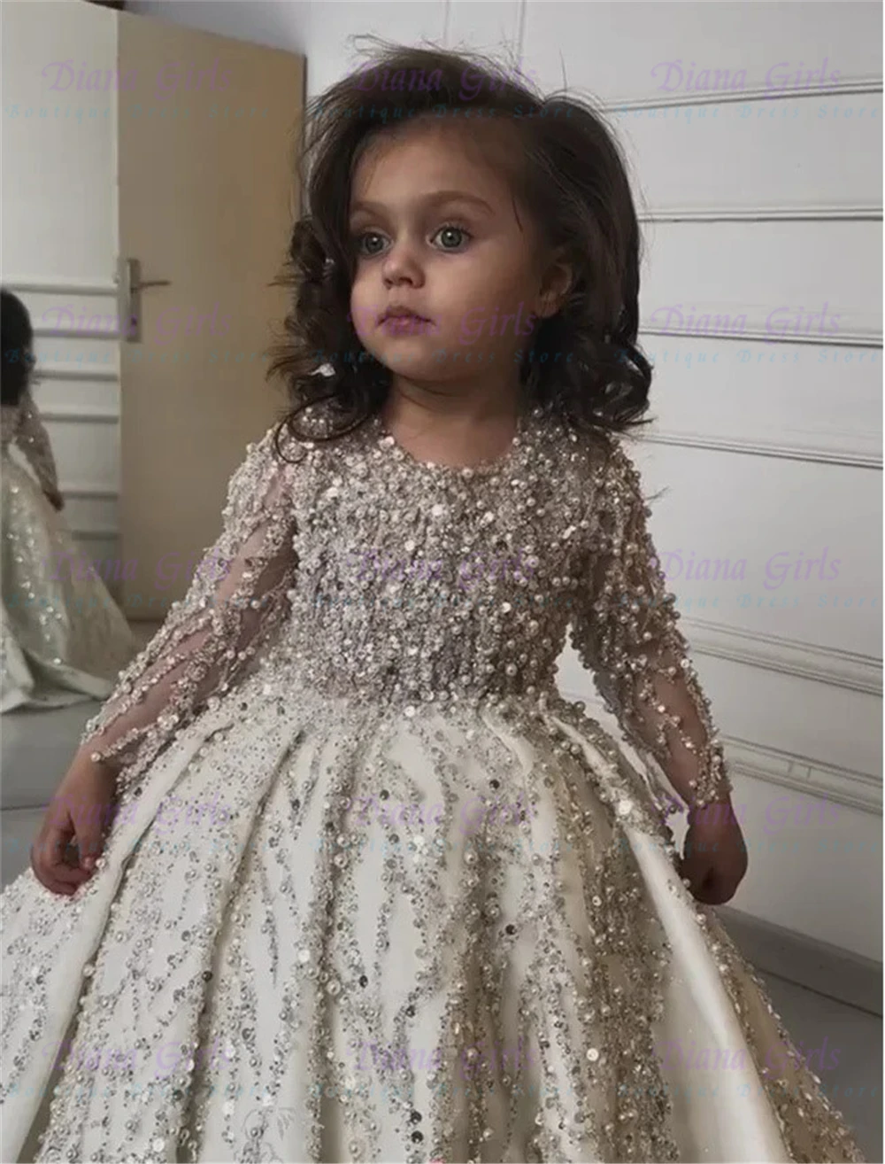 Gorgeous Pearl Sequins Quality Satin FLuffy Flower Girl Dress Exquisite Applique for Wedding Birthday Party Evening Ball Gowns