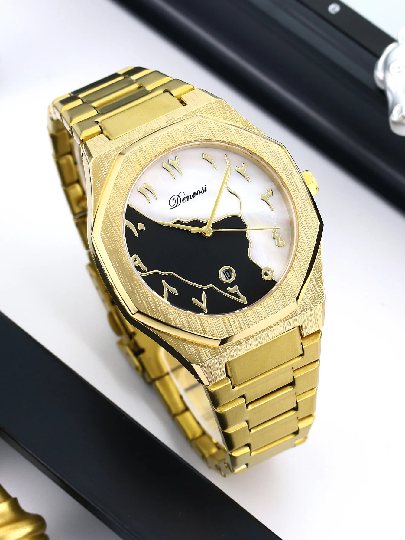 1pc Arabic numeral polygon watch black and white contrasting splicing dial fashion calendar men's quartz watch