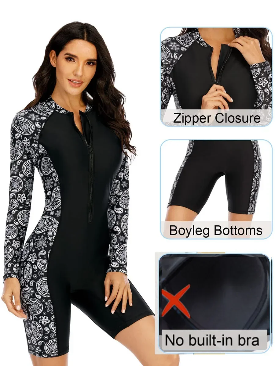 Bañador de una pieza de manga larga para mujer, traje de surf, traje de baño deportivo para playa, protector solar (sin sujetador incorporado)