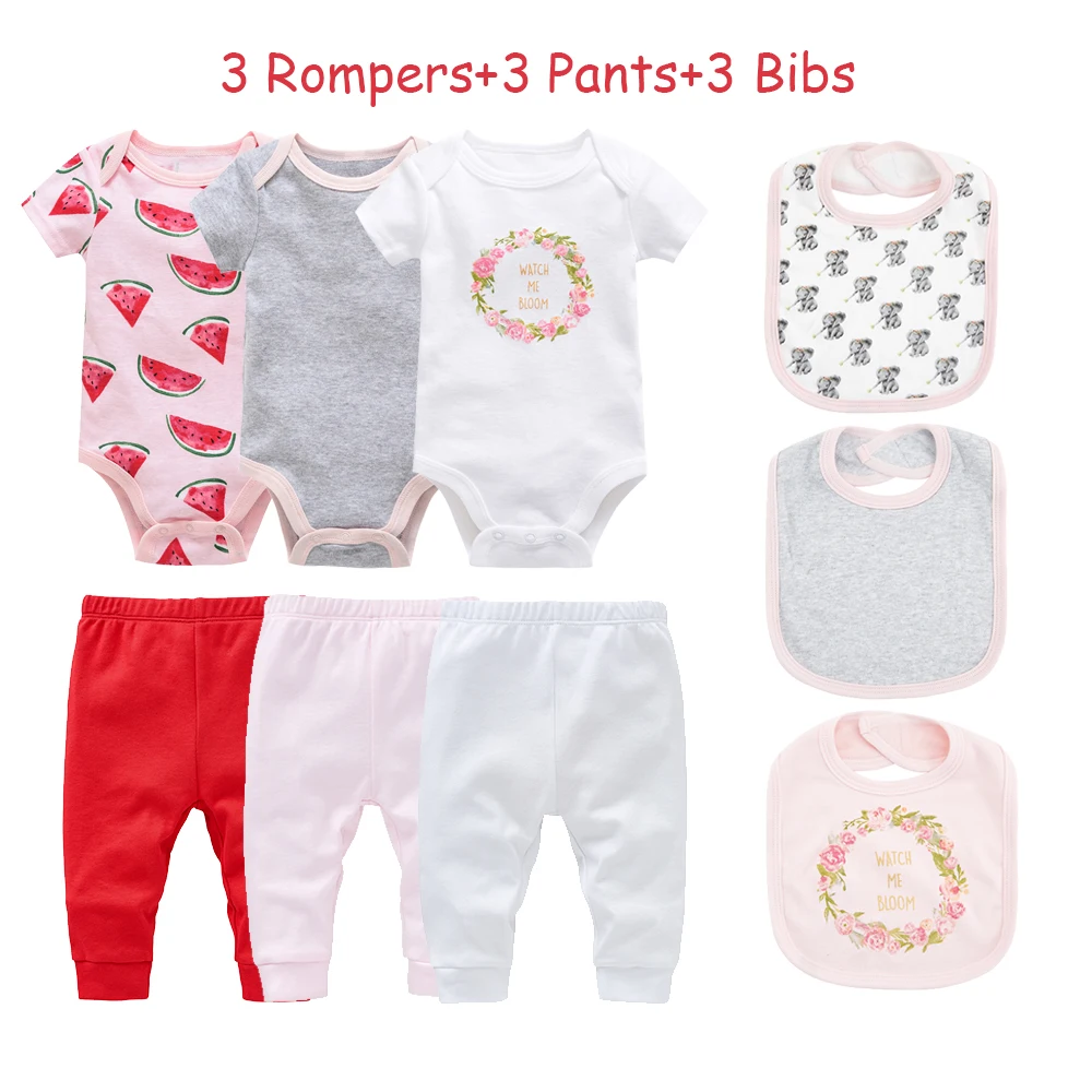 9 Pieces Baby Clothing Set  Baby Boys Rompers +Pants+Bibs+Mittens Baby Girls Clothes 100% Cotton Jumpsuit Floral Pink Bodysuit