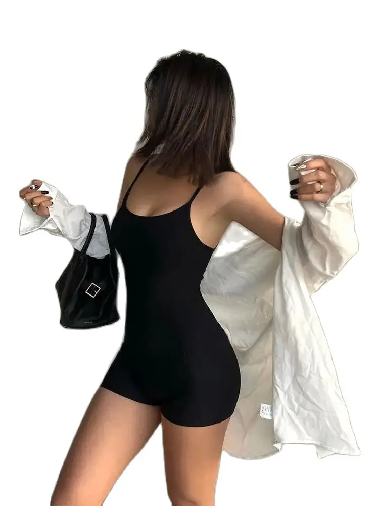 Macacões sem costas sexy das mulheres, sem mangas, preto, fino, hip-wrapped, soft casual wear, macacão curto, Jog Sportswear, bodysuits