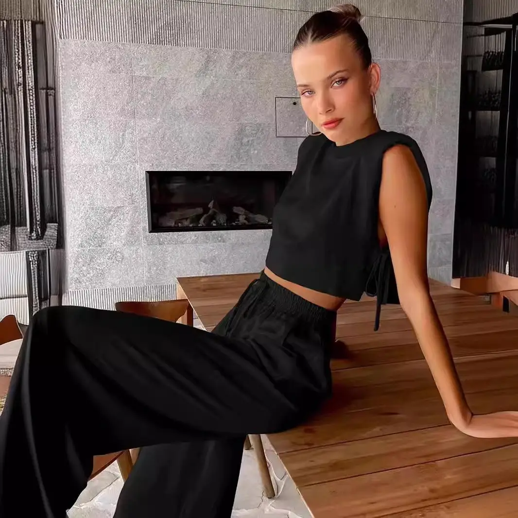 レディース綿麻セット、パッド入り肩、エレガントな春ファッション、ツーピーススーツ、ロングパンツ、ノースリーブ、無地