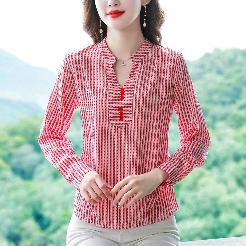 

Woman Spring Autumn Style Blouses Shirts Lady Casual Long Sleeve V-Neck Striped Printed Blusas Tops G2610