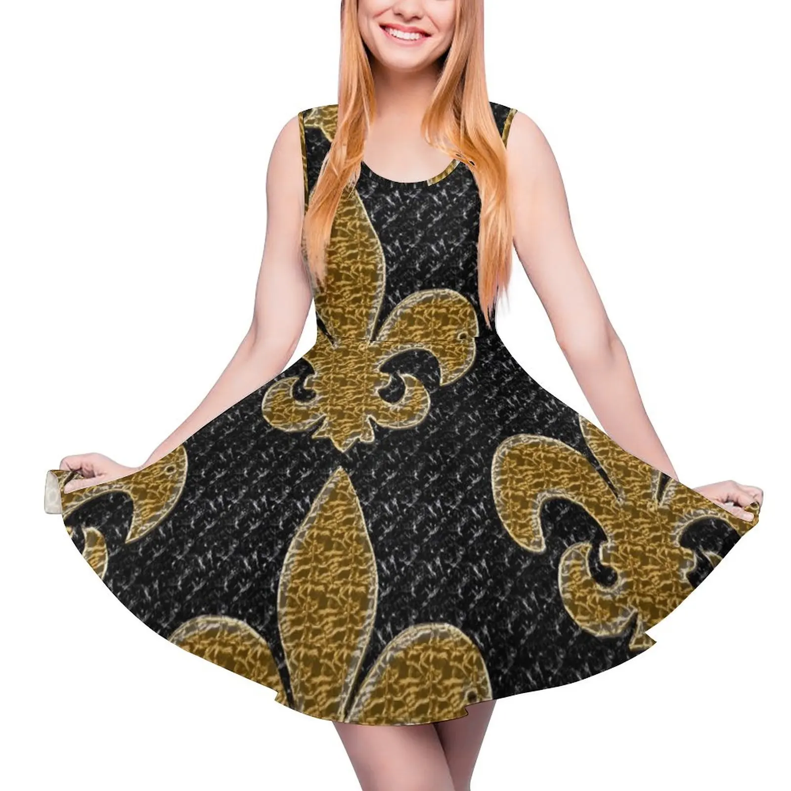 

Black and Gold Fleur De Lis Sleeveless Dress women"s summer jumpsuit elegant party dress for women 2024