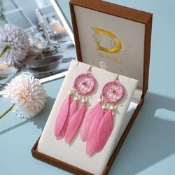 Vintage Bohemian Dream Catcher Wood Bead Feather Earrings for Women Ethnic Long Colorful Dangle Earrings Casual Vacation Jewelry