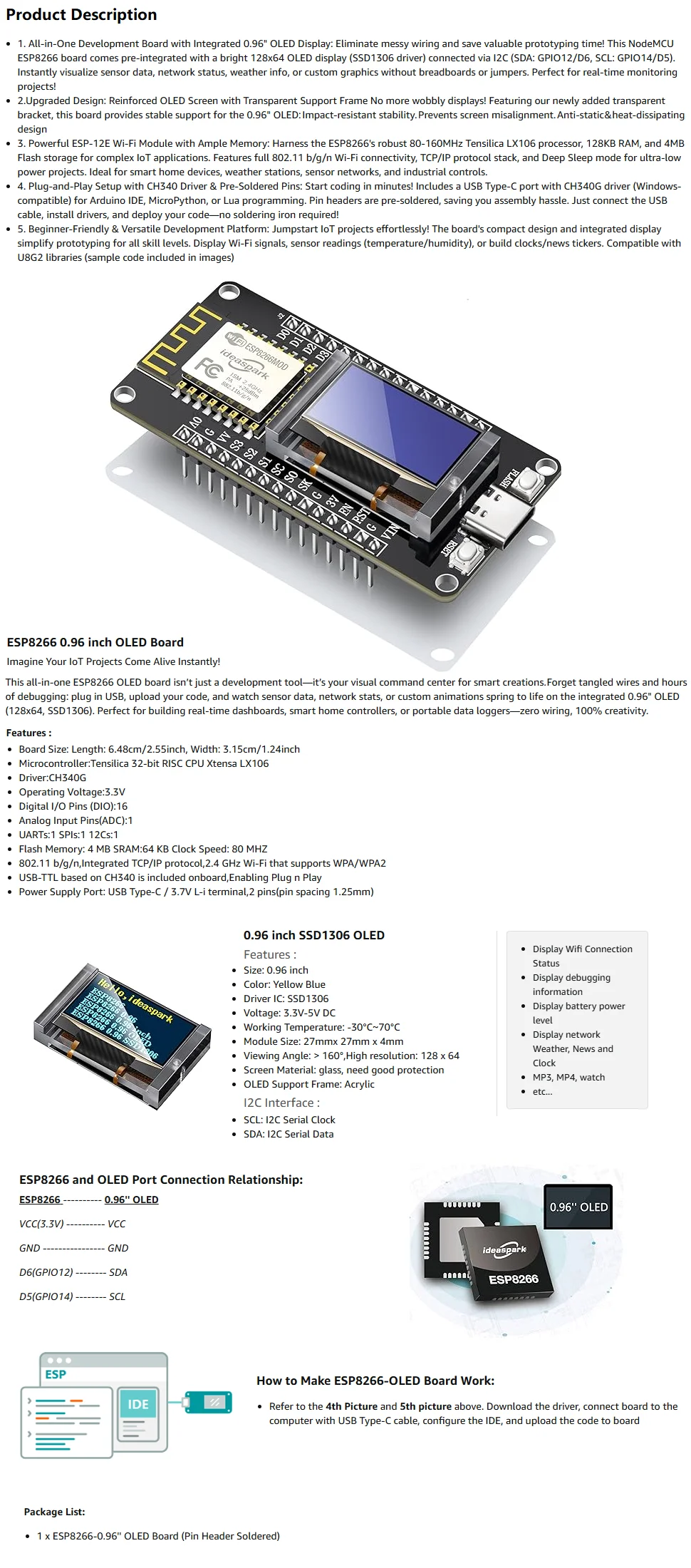 ideaspark ESP8266 Development Board NodeMCU with 0.96 inch OLED Display,Screen Protector Case,CH340,WiFi Wireless TypeC Module