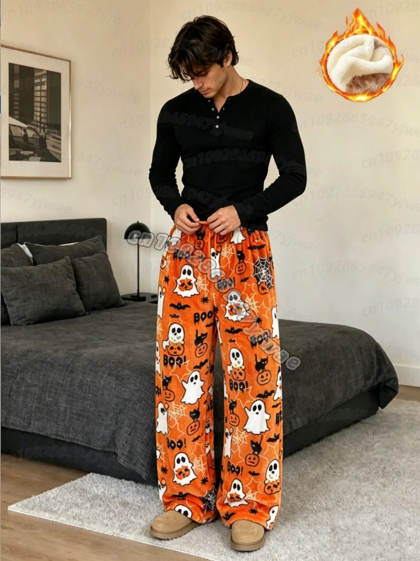 2026 Autumn MEN Halloween Spooky Ghost Pumpkin Pajama Halloween Fleece Pajama Pants, Cozy Plush Lounge Pants,  Pajamas Pants
