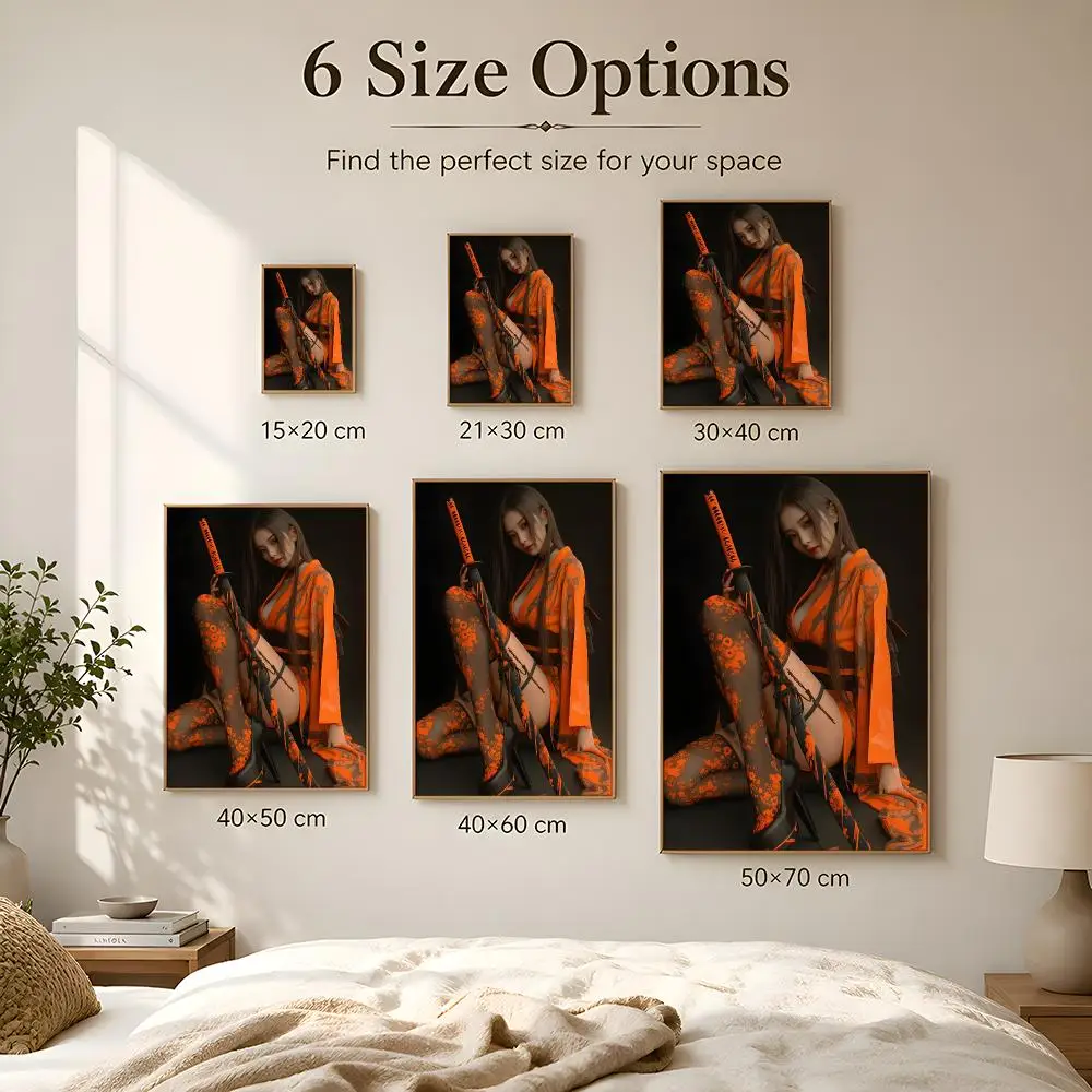 Kimono Samurai Beauty Poster Peel And Stick Matte PVC Self Adhesive Removable Waterproof Frameless Bedroom Living Room Decor